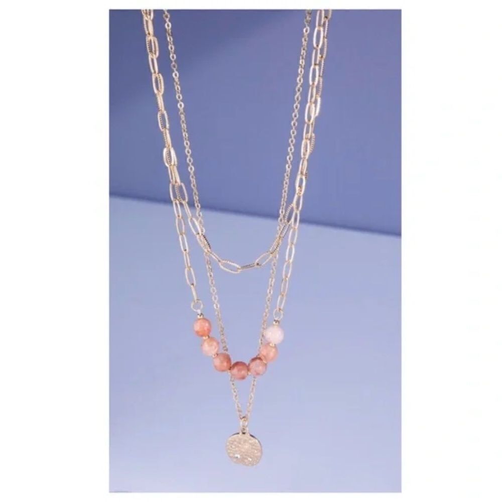 Triple Layer Necklace Pink Stones - Picture 4 of 5